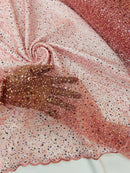 3D Beaded Mesh Fabric - Dusty Pink - Embroidered Beaded Lace Mesh Fabric with Small Sequins Sold By Yard