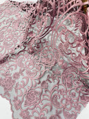 Fancy Damask Lace Fabric - Dusty Pink on Black - Embroidered Damask Design Mesh on Lace Fabric by Yard