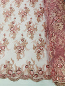 Beaded Flower Sequins Fabric - Dusty Rose - Embroidered Beaded Floral Clusters Sequins Fabric By Yard