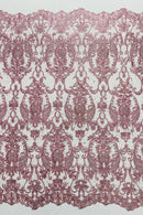 Damask Rhinestone Fabric - Dusty Rose - Beaded Embroidery Corded Lace Fabric Sold by Yard