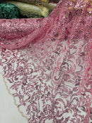 Beaded Flower Leaf Fabric - Dusty Rose - Shiny Beads and Sequins in Flower Design on Lace by Yard