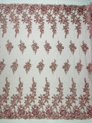 Beaded Rose Flower Fabric - Dusty Rose - Embroidered Beaded Long Border Floral Fabric By Yard