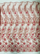 3D Floral Leaf Panels - Dusty Rose - Embroidered 3D Flower Lines with Pearls on Lace By Yard