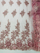 Beaded Rose Flower Fabric - Dusty Rose - Embroidered Beaded Long Border Floral Fabric By Yard