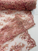 Beaded Flower Sequins Fabric - Dusty Rose - Embroidered Beaded Floral Clusters Sequins Fabric By Yard