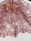 Damask Rhinestone Fabric - Dusty Rose - Beaded Embroidery Corded Lace Fabric Sold by Yard