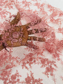 Embroidered Corded Lace Fabric - Dusty Rose - Cluster Fancy Flower Embroidered Lace Fabric By Yard