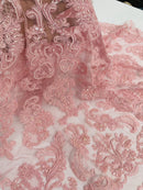 Beaded My Lady Damask Design - Dusty Rose - Beaded Fancy Damask Embroidered Fabric By Yard
