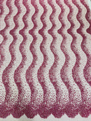 Mermaid Stripe Bead Design - Dusty Rose - Embroidered Beaded Mermaid Theme Mesh Fabric by Yard