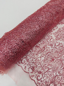 Long Damask Glitter Design - Silver - Tulle Mesh with Mermaid Tail Glitter Design Sold By Yard