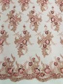 Beaded Flower Sequins Fabric - Dusty Rose - Embroidered Beaded Floral Clusters Sequins Fabric By Yard