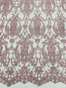 Damask Rhinestone Fabric - Dusty Rose - Beaded Embroidery Corded Lace Fabric Sold by Yard