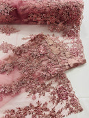 Beaded Rose Flower Fabric - Dusty Rose - Embroidered Beaded Long Border Floral Fabric By Yard