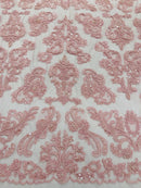 Beaded My Lady Damask Design - Dusty Rose - Beaded Fancy Damask Embroidered Fabric By Yard