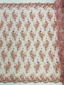 Beaded Flower Sequins Fabric - Dusty Rose - Embroidered Beaded Floral Clusters Sequins Fabric By Yard
