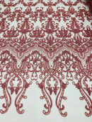 Damask Bead Fabric - Dusty Rose - Embroidered Glamorous Fabric with Round Beads Sold By Yard