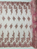 Beaded Rose Flower Fabric - Dusty Rose - Embroidered Beaded Long Border Floral Fabric By Yard