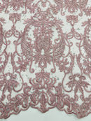 Damask Rhinestone Fabric - Dusty Rose - Beaded Embroidery Corded Lace Fabric Sold by Yard