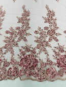 Beaded Rose Flower Fabric - Dusty Rose - Embroidered Beaded Long Border Floral Fabric By Yard