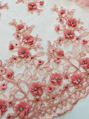 3D Embroidered Floral Fabric - Dusty Rose - 3D Rhinestone and Sequins Floral Fabric Sold By Yard