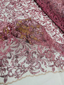 Beaded Flower Leaf Fabric - Dusty Rose - Shiny Beads and Sequins in Flower Design on Lace by Yard