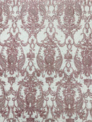 Damask Rhinestone Fabric - Dusty Rose - Beaded Embroidery Corded Lace Fabric Sold by Yard