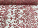 Damask Bead Fabric - Dusty Rose - Embroidered Glamorous Fabric with Round Beads Sold By Yard
