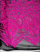 Hot Pink Iridescent  - 4 Way Stretch Embroidered Royalty Sequins Design Fabric