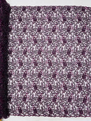 Embroidery Floral Bead Fabric - Eggplant  - Bridal Embroidery Beaded Floral  Fabric Sold by Yard