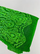 4 Way Stretch Fabric - Emerald Green - Embroidered Pattern Design Sequins Fabric on Mesh By Yard