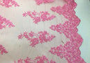Beaded Rose Flower Fabric - Candy Pink - Embroidered Beaded Long Border Floral Fabric By Yard
