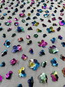 3D Holographic Rainbow Fabric - 3D Rainbow Foil Flowers on Solid Black Mesh Sold By Yard