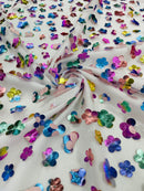3D Holographic Rainbow Fabric - 3D Rainbow Foil Flowers on Solid White Mesh Sold By Yard