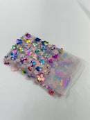 3D Holographic Rainbow Fabric - 3D Rainbow Foil Flowers on Solid White Mesh Sold By Yard