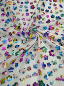3D Holographic Rainbow Fabric - 3D Rainbow Foil Flowers on Solid White Mesh Sold By Yard