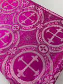 Brocade Cross Fabric - Fuchsia / Silver - Church Vestment Cross Religious Jacquard Fabric By Yard