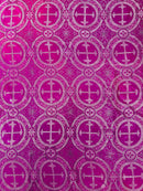 Brocade Cross Fabric - Fuchsia / Silver - Church Vestment Cross Religious Jacquard Fabric By Yard