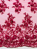 3D Embroidered Floral Fabric - Fuchsia - 3D Rhinestone and Sequins Floral Fabric Sold By Yard