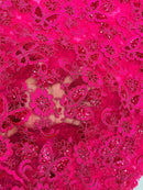 Butterfly Sequins Fabric - Fuchsia - Metallic Floral Butterfly Design on Lace Fabric By Yard