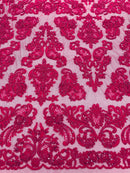 Beaded My Lady Damask Design - Fuchsia - Beaded Fancy Damask Embroidered Fabric By Yard