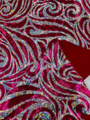 Tribal Swirl Spandex Fabric - Fuchsia - Hologram Metallic 4-Way Stretch Milliskin Fabric by Yard