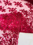 3D Embroidered Floral Fabric - Fuchsia - 3D Rhinestone and Sequins Floral Fabric Sold By Yard