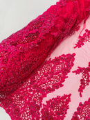 Heavy Bead Floral Fabric - Fuchsia - Beaded Flower Design Fabric Fancy Border By Yard