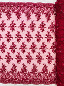 3D Embroidered Floral Fabric - Fuchsia - 3D Rhinestone and Sequins Floral Fabric Sold By Yard