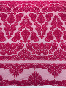 Beaded My Lady Damask Design - Fuchsia - Beaded Fancy Damask Embroidered Fabric By Yard