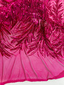 Leaf Design Stretch Sequins - Fuchsia - 4 Way Stretch Lace Mesh Sequins Fabric by Yard