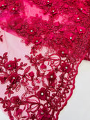 3D Embroidered Floral Fabric - Fuchsia - 3D Rhinestone and Sequins Floral Fabric Sold By Yard