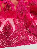 Heavy Bead Floral Fabric - Fuchsia - Beaded Flower Design Fabric Fancy Border By Yard