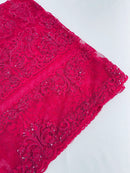 Beaded My Lady Damask Design - Fuchsia - Beaded Fancy Damask Embroidered Fabric By Yard