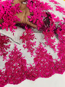 Floral Lace Fabric - Fuchsia on Black  - Metallic Floral Design on Lace Mesh Fabric By Yard